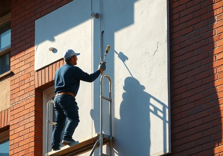 Peintre sur échafaudage traitant la façade d'une maison